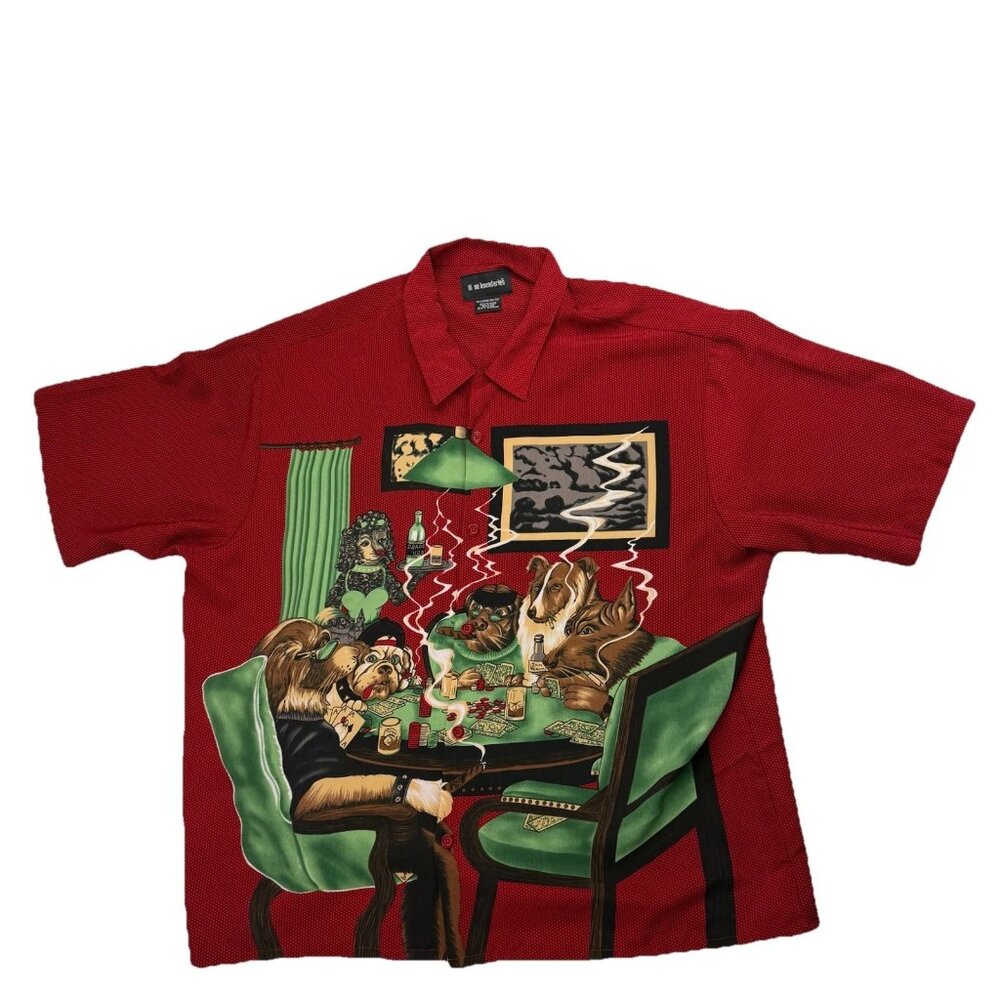 Vintage No Boundaries Mens 2XL Red Short Sleeve Shirt Dogs Playing Poker